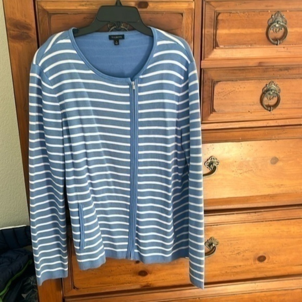 Talbots Blue And White Striped Jacket With ZipperPockets Long Sleeve NWOT